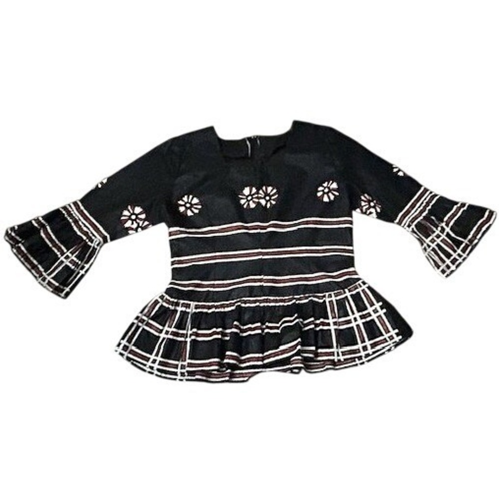 Handmade Black Floral Striped Peplum Blouse Dutch‎ Java Print Fabric Top Large
